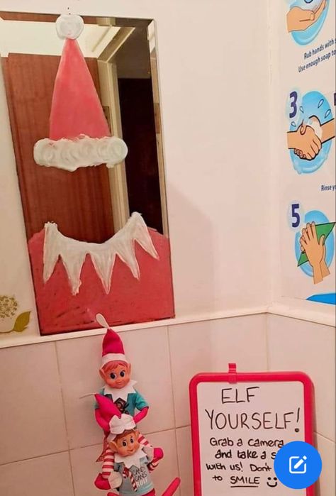 Elf Yourself Mirror, Elf Writes On Bathroom Mirror, Elf On The Shelf Selfie With Kids, Selfie Station Ideas, Elf Yourself Bathroom Mirror, Elf Selfie, Elves Returning Ideas, Selfie Station, Elf Yourself