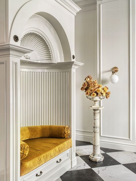 Alcove - Stone Hall Cabinetry Built In Console, Angled House, Alcove Design, Boho Villa, Alcove Seating, Cozy Book Nook, Entryway Inspo, Sitting Nook, Hanging Seats