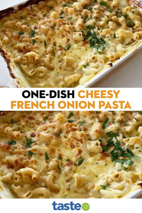 French Onion Pasta Bake, French Onion Pasta, Onion Chips, Onion Pasta, Broccoli Pasta Bake, Risotto Dishes, Favorite Pasta Recipes, Baked Pasta Recipes, Winter Comfort Food