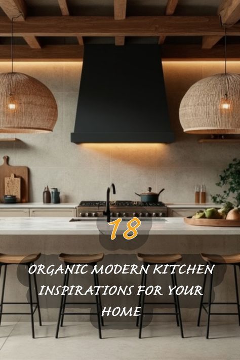 Discover how I incorporated organic modern elements into my kitchen. From the stunning rattan pendant lights to the sleek black hood, every detail has been thoughtfully chosen. The combination of natural textures and modern finishes creates a warm and inviting space perfect for cooking and entertaining. Join me in exploring 18 inspiring ideas to elevate your home! Raw Edge Kitchen Island, Super Modern Kitchen, Tulum Kitchen Design, Organic Modern Pendant Light, Organic Kitchen Backsplash, Earthy Kitchen Ideas Earth Tones, Kitchen Hood Ideas Modern, Concrete And Wood Kitchen, Earthy Modern Kitchen