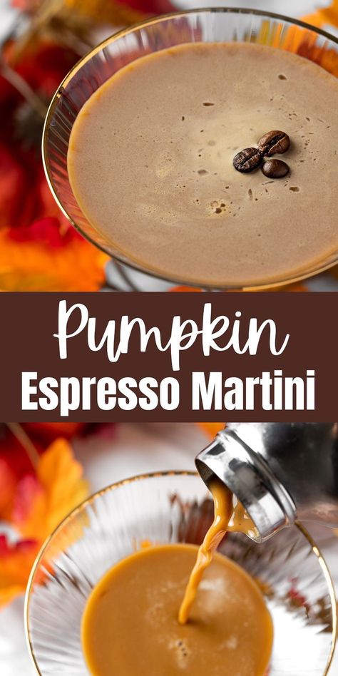 This pumpkin spice espresso martini is a delicious and indulgent cocktail that is perfect for the fall season. Made with a homemade pumpkin syrup, espresso, Kahlua, vodka and a dash of cream. Pumpkin Spiced Espresso Martini, Pumpkin Spice Syrup Cocktails, Pumpkin Syrup For Cocktails, Vanilla Pumpkin Spice Espresso Martini, Baileys Pumpkin Spice Drinks, Pumpkin Cream Espresso Martini, Fall Time Cocktails, Fall Craft Cocktail Recipes, Fall Expresso Martini