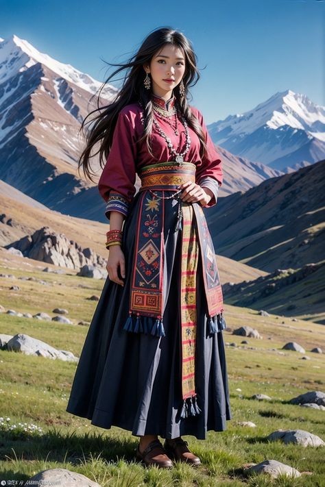 Machu Pichu Outfits Women, Mountain Outfits, Tibetan Dress, Tibetan Clothing, Mountain Outfit, Girly Art Illustrations, Fantasy Dress, Asian Outfits, Folk Costume