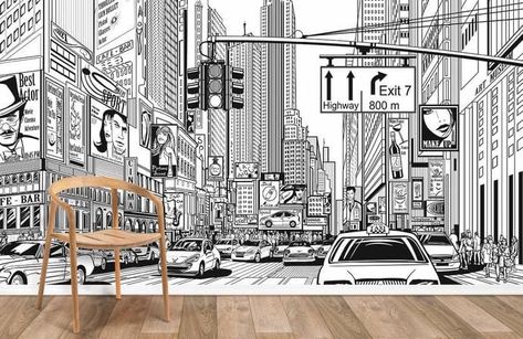 Explore our large number of wallpaper mural selections featuring famous cities, locations, landscapes, skylines, metropolis or other iconic places we all love - New York, Paris, London...you name it! Perfect city landscape wall murals that can be applied to your bedroom, living room and kitchen. Free shipping on all orders! New York Skyline Silhouette, Silhouette Wallpaper, New York Street Art, Teenager Bedroom, Bedroom Boy, Book Painting, Cityscape Wallpaper, Black And White Comics, Forest Wall Mural