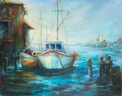 Docked Fishing Boats Craft Booth Display, Boat Art, Dancing Bears, Boat Painting, Painting Art Lesson, Country Scenes, London Art, Mirror Art, Abstract Flowers