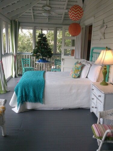 Sleeping Porch Tybee Island Ga Back Porch Bedroom Ideas, Sleep Porch Ideas, Sleeping Porch Screened In, Beach House Day Bed, Lake Cottage Screened Porch, Screen Porch Daybed, Bunkie With Screened Porch, Beach Porch, Screened In Porch Beds & Bed Frames