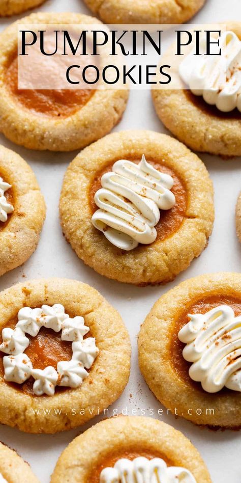 Pumpkin Pie Thumbprint Cookies, Unique Pumpkin Desserts, Pumpkin Christmas Dessert, Pumpkin Pie Spice Cookies, Pumpkin Crumble Cookies, Pumpkin Thumbprint Cookies, Pumpkin Butter Cookies, Pumpkin Pie Ideas, The Great Pumpkin Pie Recipe