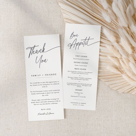 Wedding Dinner Menu and Thank You, Minimalist Wedding Thank You Napkin Note, Modern Wedding Menu, Editable Template, Instant Download - EJ09 Thank You Dinner Card, Wedding Menu For Table, Thank You And Menu Card Wedding, Rehearsal Dinner Thank You Note, Personalized Wedding Menu Cards, Wedding Menu And Thank You Cards, Table Menu Design, Thank You Wedding Cards, Menu Design Wedding