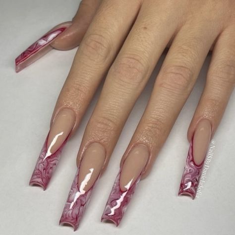 Red Marble French Tip Nails, Red And White Nails, Pink Manicure, Marble Nails, French Tip Nails, White Nails, Nail Tips, Nail Inspo, Acrylic Nails