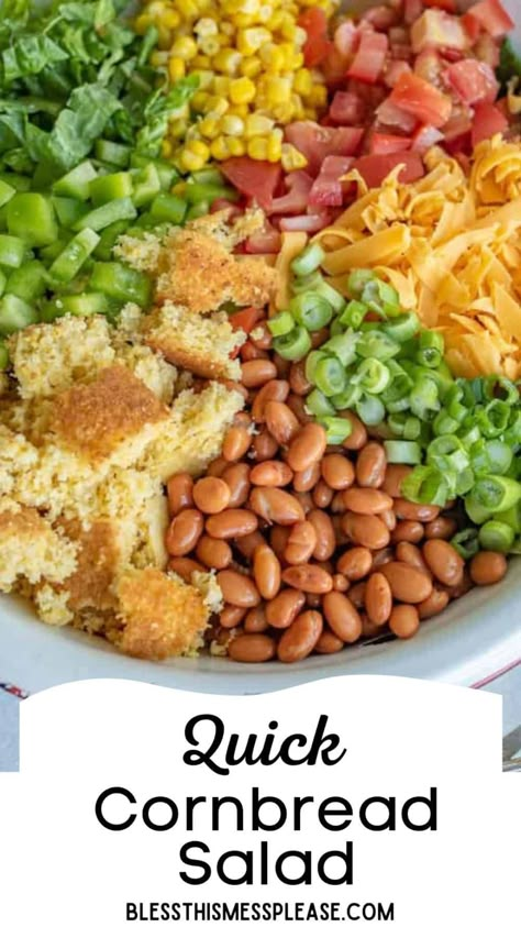 This easy Cornbread Salad recipe  has all of your favorite summertime flavors, like tomatoes, corn, pinto beans, and the star of the show, cornbread! This is a party favorite and perfect to take to a get-together. Summer food is the best. Cornbread And Ground Beef, Cornbread Ground Beef, Ground Beef And Corn, Cornbread Salad Recipe, Beans Cornbread, Easy Cornbread, Beans And Cornbread, Cornbread Salad, With Cornbread