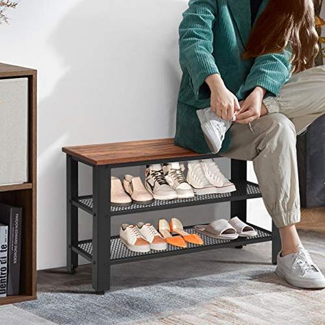 Wood Shoe Organizer, Shoe Storage Shelves, Garage Shoe, Garage Shoe Storage, Shoe Rack Hallway, Industrial Shoe Rack, Rustic Shoe Rack, Bench For Entryway, 3 Tier Shoe Rack