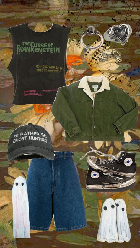 #outfit #aesthetic Hunting Outfit Aesthetic, Cryptidcore Outfit Summer, Mothman Aesthetic Outfit, Frankenstein Inspired Outfit, Cryptid Hunter Outfit, Cryptid Hunter Aesthetic Outfit, Dipper Pines Outfit, Ghost Outfit Aesthetic, Ghost Hunting Aesthetic Outfit