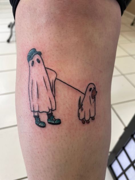 Ghost boy and ghost dog tattoo Ghost With Dog Tattoo, Skeleton And Ghost Tattoo, Ghost And Dog Tattoo, Ghost With Legs Tattoo, Ghost Walking Dog Tattoo, Walking Dog Tattoo, Skeleton Dog Tattoo, Pumpkin Head Tattoo, Dog Skeleton Tattoo