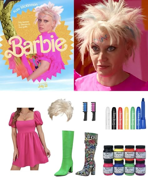 Barbie Day Homecoming, Pink Hair Barbie Costume, Barbie Movie Kate Mckinnon, Barbies From The Barbie Movie, Crazy Barbie Costume, Weird Barbie Costume Ideas, Weird Barbie Movie, Diy Weird Barbie Costume, Kate Mckinnon Barbie