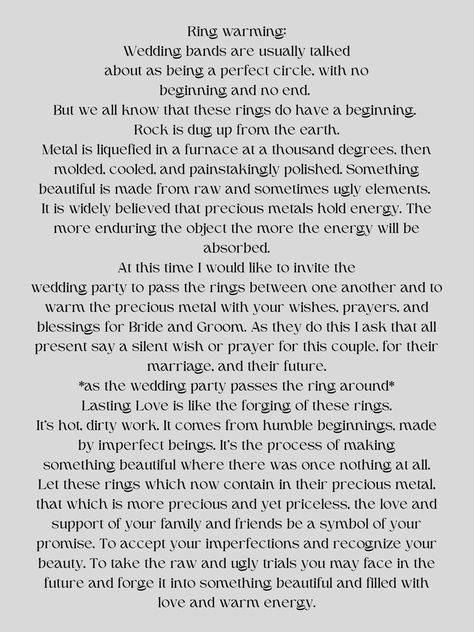 Wedding Ring Symbolism Quote, Warming Of The Rings Ceremony, Nondenominational Wedding Ceremony, Exchange Of Rings Wording, Ring Warming Ceremony Script, Ceremony Readings Wedding, Handfasting Ceremony Script, Officiant Wedding Script, Ring Exchange Vows