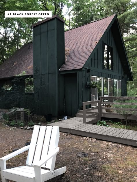 Painting the Cabin Dark Green - Deuce Cities Henhouse Commune Interior Design, Dark Exterior House Colors Stucco, Monochromatic Green House Exterior, Small Black Home Exterior, Dark Grey House Exterior White Trim Brown Roof, Dark Green House, Dark Green House Exterior, Cabin Landscaping, Wisconsin Cabin