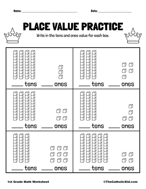 Place Value Worksheet 1st Grade Math - TheCatholicKid.com 1st Grade Math Practice Sheets, Teaching 1st Grade Ideas, Ones And Tens Worksheet First Grade, Place Value Worksheets For Kindergarten, Class1 Math Worksheet, Place Value Tens And Ones Worksheets, 1 St Grade Math Worksheets, Maths 1st Grade Worksheets, Work Sheets For 1st Grade Math