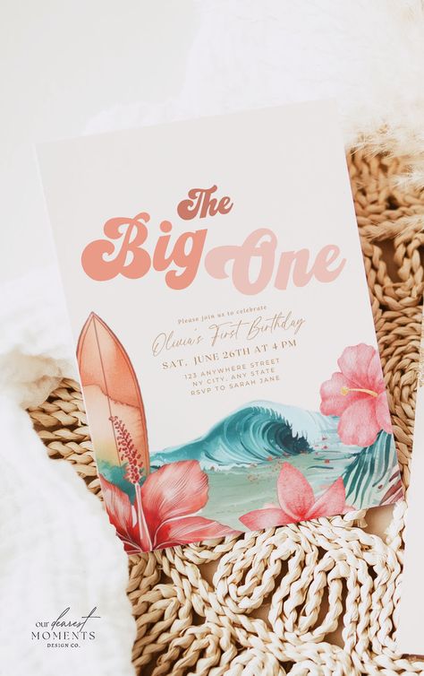 The Big One Girl Birthday, Beach Theme First Birthday Party Girl, The Big One Surf Birthday Girl, Beach First Birthday Party, Big One Invitation, Woods Nursery, Beach Bday, Boho 1st Birthday, Surf Birthday