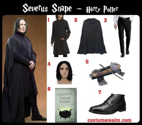 Dress Like Severus Snape From Harry Potter, Severus Snape Costume, Cosplay, Halloween Costume, Fancy Dress Guide Men’s Harry Potter Costume, Professor Snape Costume, Snape Costume Female, Snape Costume Diy, Adult Harry Potter Costume, Severus Snape Outfit, Costumes Starting With S, Snape Halloween Costume, Severus Snape Costume