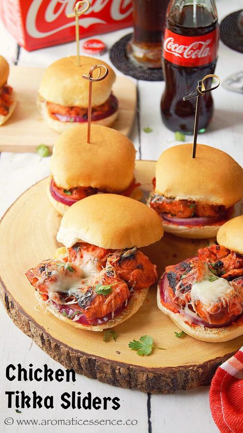 Chicken Tikka Sliders - Aromatic Essence Sliders Easy, Sloppy Joes Sliders, Coca Cola Chicken, Cola Chicken, Slider Rolls, Rustic Food, Masala Spice, Party Platter, Slider Buns