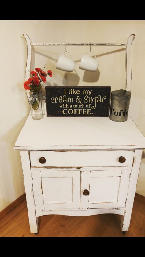 Antique Dresser Coffee Station, Dresser Coffee Station, Vintage Wash Stand, Dressers Diy, White Wash Wood Furniture, Groovy Furniture, Antique Wash Stand, Barn Tin, Dry Sink