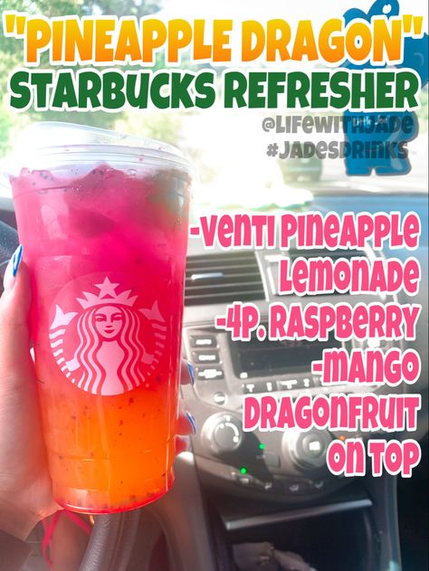 Pineapple Dragon drink

Venti pineapple lemonade with mango dragonfruit on top. Add 4 pumps of raspberry. Secret Refreshers Starbucks, Starbucks Refreshers Pineapple, Starbucks Secret Menu Drinks Dragon Fruit, Starbucks Refreshers Dragonfruit, Starbucks Tropical Drink, Pineapple Drink Aesthetic, Tropical Sunrise Refresher Starbucks, Refreshing Summer Drinks Starbucks, Starbucks Spring Drinks