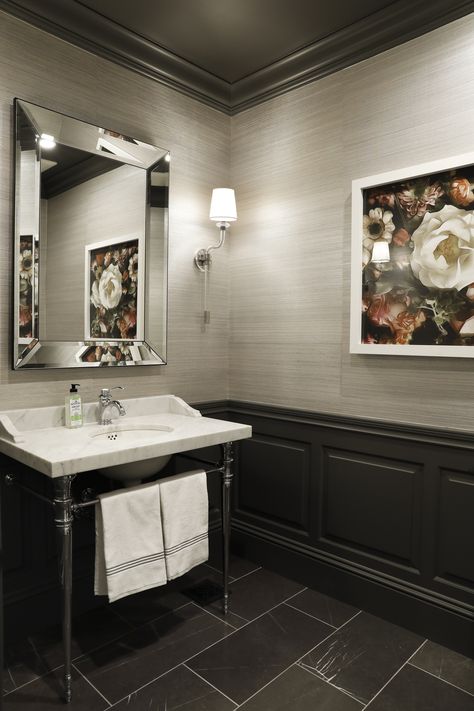 Black Crown Molding Bathroom, Painted Crown Molding Ideas, Wainscoting In Powder Room, Crown Molding In Bathroom, Wainscoting Powder Room, Black Crown Molding, Crown Molding Bathroom, Grey Powder Room, Powder Room Paint