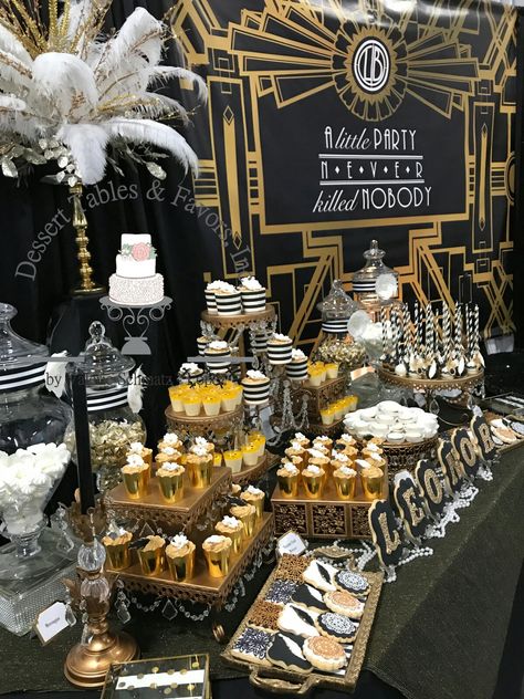 Great Gatsby Theme Dessert Table by Dessert Tables and Favors, Inc. Gatsby Themed Dessert Table, 1920s Themed Desserts, 50th Birthday Gatsby Theme, Speakeasy Dessert Table, 1920 Decorations Party The Great Gatsby, Harlem Nights Dessert Table, Great Gaspy Party Favors, Great Gatsby Dessert Table Ideas, New Years Eve Dessert Table