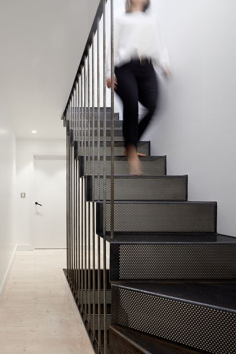 Beach House Staircase, Commercial Interior Architecture, Victorian Stairs, Steel Stairs Design, Steel Staircase, Stairs To Heaven, Landscape Stairs, Perforated Steel, Townhouse Interior