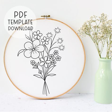 "This is a pattern TEMPLATE for the design shown above. It is for hand embroidery, and is NOT suitable for machine embroidery. You will not receive any physical products as this is a DIGITAL DOWNLOAD ONLY. You will receive a downloadable A4 sized PDF file for this pattern. It comes with patterns scaled to fit 3\", 4\", 5\", 6\", 7\" and 8\" hoops. It is up to you to choose which size hoop best suits the design you choose (tip: designs with lots of small details are usually better suited to larger hoops). You will need access to a printer to print your PDF pattern, and then you can transfer it to your fabric with an embroidery suitable pen or pencil. You will also receive a basic embroidery guide for beginners, however, please be aware this is a short and general guide and it does not conta Embroidery Design Pictures, Bunch Of Flowers Embroidery, Embroidery Flower Template, Floral Embroidery Patterns Templates Flower Designs, Floral Embroidery Patterns Templates, Hand Embroidery Patterns Free Templates, Embroidery Flowers Pattern Templates, Hand Embroidery Patterns Free Printable, Botanical Embroidery Pattern