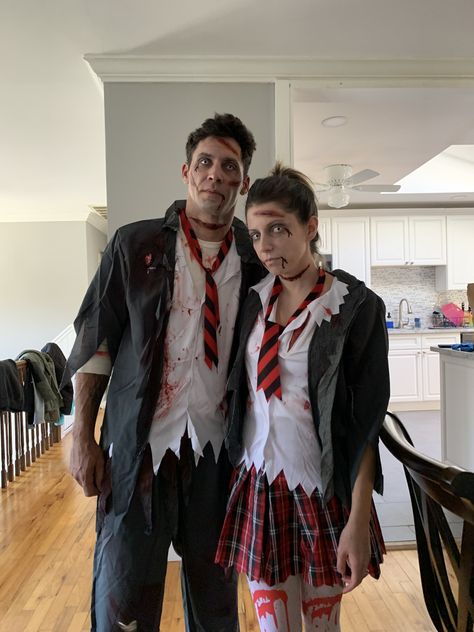 Zombie Rocker Costume, Zombie Female Costume, Zombie Makeup Couple, Man Zombie Makeup, Mens Zombie Costume, Zombie Costume Ideas For Couples, Zombie Cop Costume, Zombie Ideas For Women, Zombie School Uniform