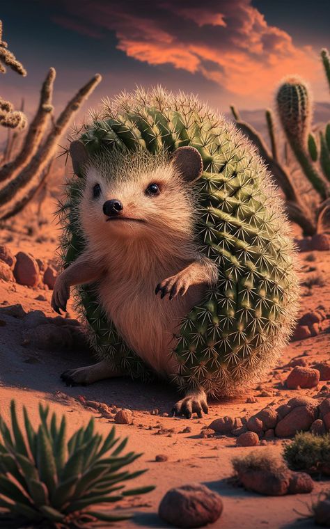 A stunning, photorealistic conceptual artwork of a hedgehog-like creature meticulously crafted from cactus plants. The prickly creature is posed on a desert-like landscape, with sharp rocks and sparse vegetation surrounding it. The overall atmosphere is cinematic and otherworldly, as if the viewer has stumbled upon an alien ecosystem. The desert sky is painted in vivid hues of orange and purple, and the hedgehog's prickly cactus body contrasts beautifully with the muted tones of the environment. Alien Ecosystem, Sharp Rocks, Hedgehog Cactus, Prickly Cactus, Conceptual Artwork, A Hedgehog, Desert Sky, Muted Tones, Desert Landscaping