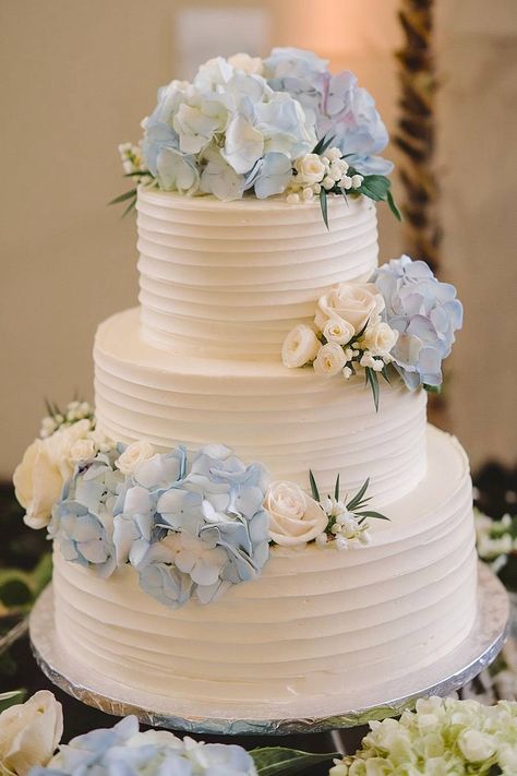 Wedding cake with blue hydrangeas and white roses. Dusty Blue Flower Wedding Cake, Dusty Blue Floral Wedding Cake, Light Blue And Yellow Wedding Cake, Light Blue And White Wedding Decorations, Pastel Blue Wedding Cake, Pale Blue Wedding Cake, Hydrangea Cake Ideas, Classic Wedding Cake Designs, Something Blue Cake