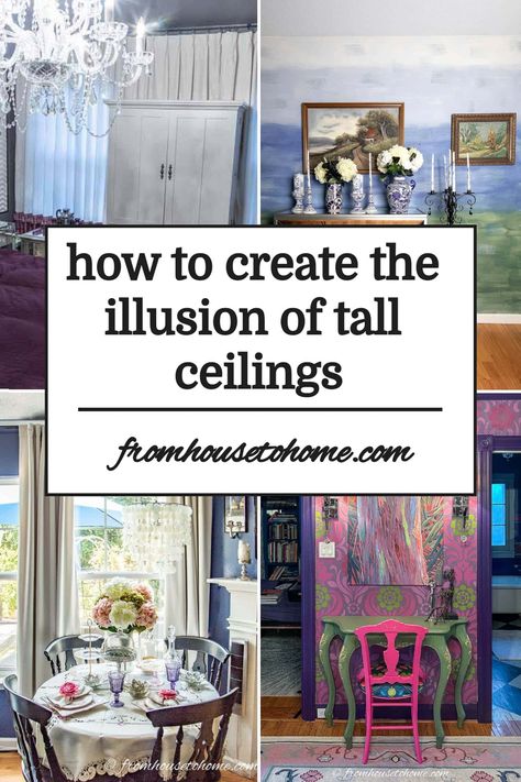 how to create the illusion of tall ceilings Make Ceilings Look Higher, Rooms With Low Ceilings, Diy Glam Decor, Floor To Ceiling Curtains, Interior Decorating Living Room, House To Home, Sewing Room Storage, Interior Decorating Tips, Low Ceilings