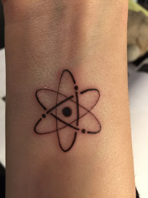 Tiny atom now quietly sitting on my right wrist Atoms Tattoo, Nuclear Tattoo, Atomic Tattoo, Physics Tattoos, Atom Tattoo, Chemistry Tattoo, Science Tattoo, Science Tattoos, Tattoo Symbols