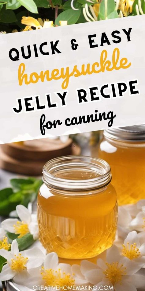 Preserve the taste of summer with this easy honeysuckle jelly canning recipe. Enjoy the sweet and floral notes of honeysuckle all year round. Honeysuckle Jelly, Honey Jelly, Canning Peaches, Peach Jelly, Canning Process, How To Make Jelly, Canning Recipe, Canning Jam, Jelly Recipe