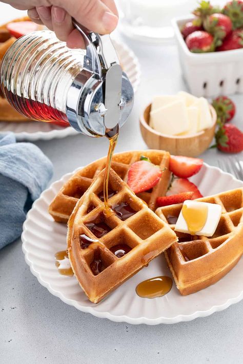 Bisquick Waffles come together in a snap for a simple weekend waffle breakfast. Make them with store-bought or homemade Bisquick mix and load them up with your favorite waffle toppings! Waffles With Bisquick, Bisquick Waffles, David Quinn, Microwave Lemon Curd, Waffle Breakfast, Homemade Bisquick, Homemade Strawberry Sauce, Waffle Ingredients, Frozen Waffles