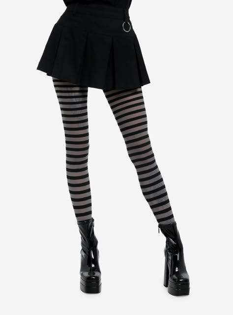 Effortlessly chic  these black and grey striped tights will elevate your everyday style!88% polyester; 12% spandexHand wash cold; drip dryImported Black And Grey Clothes, Striped Tights Outfit, Emo Tights, Pretty Tights, Goth Tights, Gothic Tights, Shorts And Tights, Stripe Tights, Funky Tights