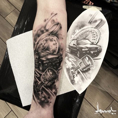 Car Guy Tattoos Sleeve, Vehicle Tattoo Ideas, Muscle Car Tattoo Ideas, Car Idea Tattoos, Car Themed Tattoo Sleeve, Car Part Tattoo, Race Car Tattoo Ideas, Car Theme Tattoos, Racing Tattoo Design