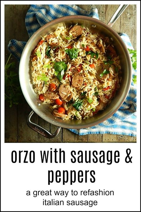 Orzo with Sausage & Peppers is an easy, quick meal - it's your solution for any leftover Italian sausage links from game day, or start from scratch. #OrzoItalianSausage #PastaItalianSausage Orzo With Sausage, Italian Sausage Links, Sausage Peppers, Italian Sausage Recipes, Sausage Dishes, Orzo Recipes, Sausage Links, Sausage And Peppers, Quick Meal