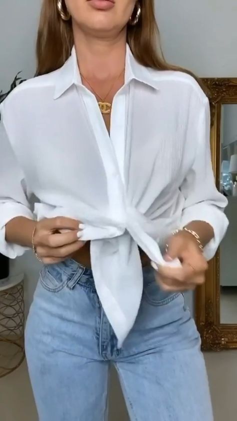 blogging4style on Instagram: How to tie a perfect knot 🤍 Tag someone who need to see this 🥰 📸: @kristinakacheeva - How To Tie A Blouse Knot, Tie Blouse Outfit, Ways To Tie Scarves, Shirt Hacks, Tie Waist Shirt, Knotted Blouse, Folding Clothes, Tie Blouse, Blouse Outfit