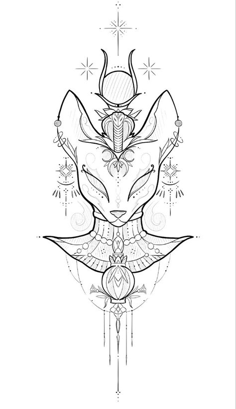 Sekhmet Goddess Tattoo, Tattoos Line Art, Bast Tattoo, Tattoo Layout, Egyptian Tattoo Designs, Colourful Tattoo, Bastet Tattoo, Mandala Animals, Egypt Tattoo