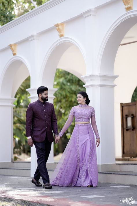 Couple Combination For Wedding, Reception Couple Outfit, Lavender Engagement Dress, Purple Couple Outfits, Couple Same Dress, Indian Wedding Reception Outfit Couple, Engagement Dress For Groom Indian, Ring Ceremony Dress Indian, Engagement Outfits Indian Couple