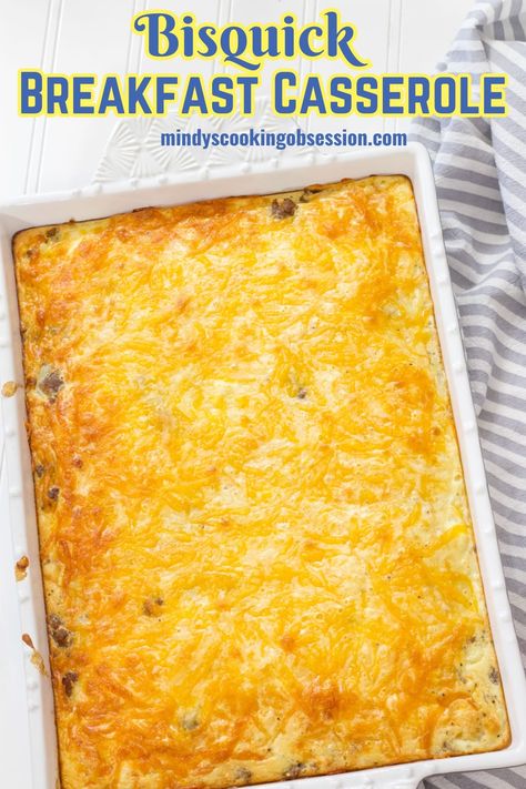 Crowd-pleasing Easy Bisquick Sausage Breakfast Casserole recipe features pork sausage, hash browns, eggs, milk and cheese. A delicious harmony of flavors perfect for any morning! via @mindyscookingobsession Bisquick Breakfast Casserole Ham, Bisquick Breakfast Casserole, Bisquick Breakfast, Bisquick Sausage, Egg Bake Casserole, Homemade French Onion Soup, Sausage Breakfast Casserole, Cooks Country, Rv Traveling