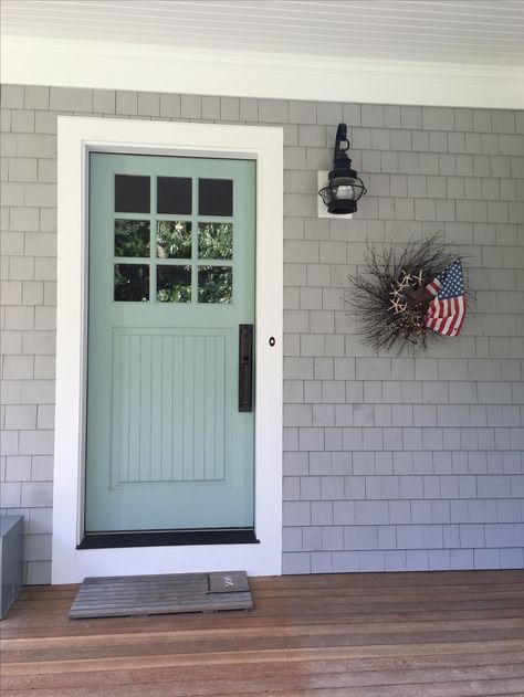 New England gray shakes with BM Wyeth Blue on front door. Wyeth Blue Front Door, Grey House Front Door Color Ideas, Blue House Green Door, Grey House Blue Door, Wyeth Blue, Front Door Curb Appeal, House Doors Colors, Shingle House, Blue Front Door