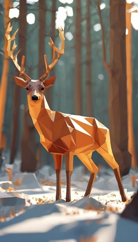 Deer in the forest, low-poly art style Health Posters, Poly Art, Hanuman Wallpaper, Low Poly Art, Low Poly 3d, Animal Projects, Enchanted Forest, In The Forest, Low Poly