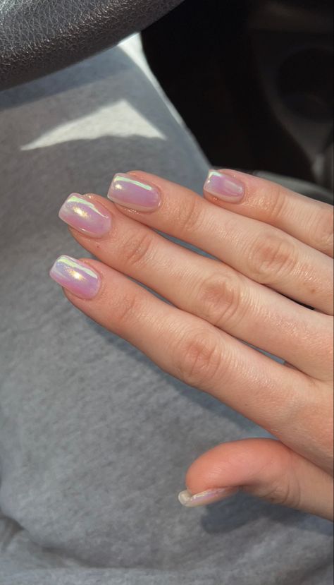 Cute Short Gel Nails Summer White, Crome Nails Square Short, Chrome Nails Short Coffin, Holographic Gel Nails Short, Rounded Square Chrome Nails, Pink And White Chrome Nails Designs, Square Chrome Pink Nails, Square Round Chrome Nails, Short Acrylic Nails Crome