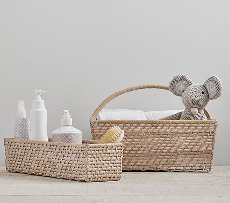 Beachy Nursery, Changing Table Storage, Diaper Caddy, Wicker Storage, Master Ensuite, Nursery Organization, Nursery Storage, Nursery Essentials, Baby List