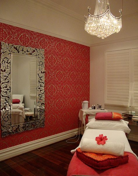 facial room love the wall paper on one side with mirror and chandelier Spa Facial Room, Wall Mural Metatron Cube Spa Room, Esthetician Certificate Wall, Spa Room Crystal Light Chandelier, Spa Massage Room Groupon, Day Spa Wall Decire, Spa Room Ideas, Massage Room Design, Facial Room