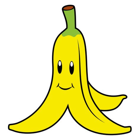 What a cute smiling banana peel! Interestingly, that in the Super Mario franchise, delicious bananas are a common tropical fruit, which used as food and yellow banana peels are an offensive weapon... Diy Mario Banana, Mario Banana Peel, Mario Kart Banana Peel, Mario Kart Banana Peel Diy, Banana Emoji, Super Mario Banana Peel, Mario Kart Banana, Super Mario Stickers Printable, Princess Peach Party