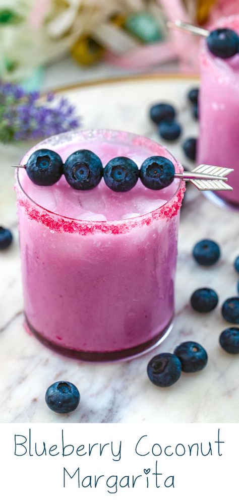 Blueberry Coconut Margarita -- This slightly creamy tropical Blueberry Coconut Margarita will make you feel like you're on a beach... But it can easily be made in your kitchen with just blueberry simple syrup, tequila, and coconut milk! | wearenotmartha.com #margaritas #coconutmilk #blueberry #margaritarecipe #tequilacocktails via @wearenotmartha 1800 Coconut Tequila Recipes, February Cocktails, Coconut Milk Cocktail, Kiwi Mojito, Coconut Tequila, Blueberry Drinks, Blueberry Margarita, Tropical Drink Recipes, Blueberry Simple Syrup